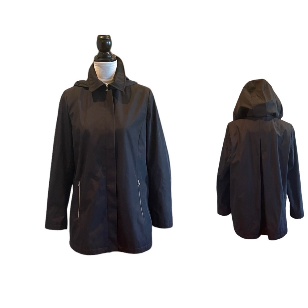 Jessica fall spring black all weather rain trench casual hooded jacket medium